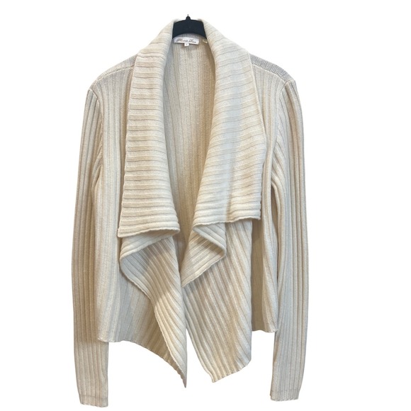 Minnie Rose Sweaters - Minnie Rose Cream Ribbed Cashmere Cotton Blend Drape Front Cardigan Sweater S